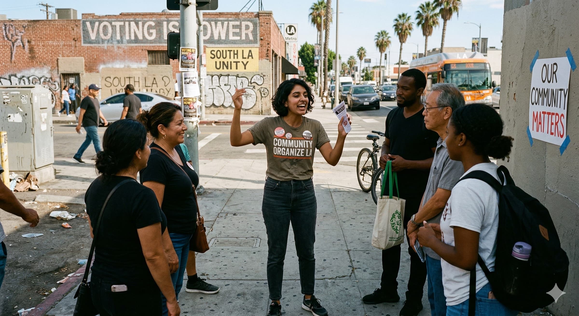 A diverse group of Angelenos gathered on a South LA street corner, listening to a community organizer in a 'COMMUNITY ORGANIZE' t-shirt. Murals reading 'VOTING IS POWER' and 'OUR COMMUNITY MATTERS' visible behind them.